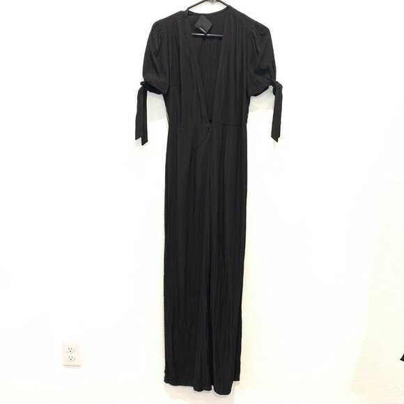 HAILEE C Black Tie Waist V Neck Short Sleeve Wide leg Jumpsuit S - Picture 3 of 12